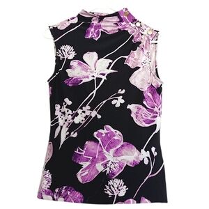 DKNY Purple Floral Sleeveless Blouse High Neck Button Shoulder Flowy Colorful XS